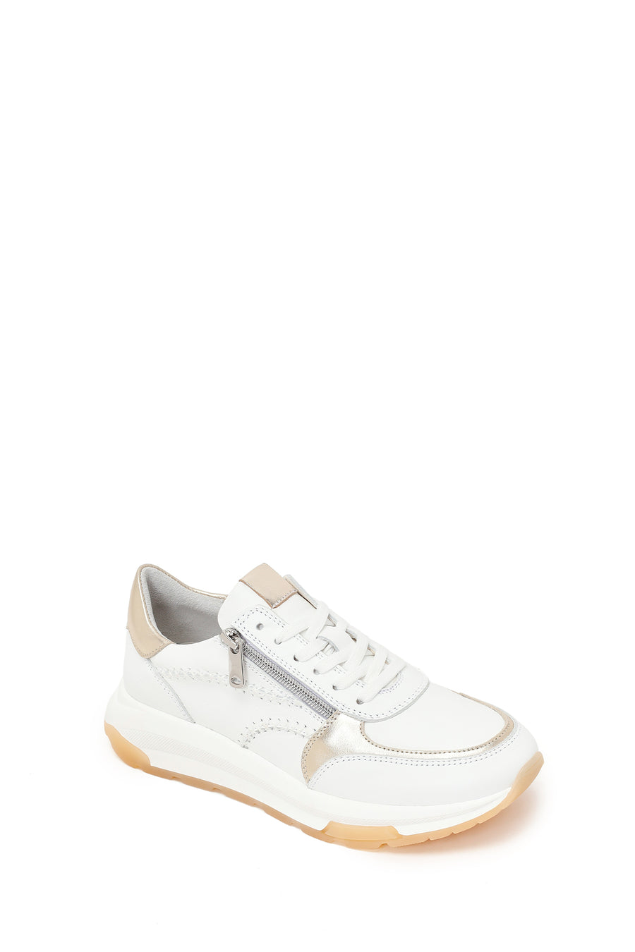 Woman White Lace-Up Zip Closure Thick-Soled Leather Sneaker