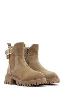 Women's Tan Suede Leather Buckle Zippered Boots | Derimod