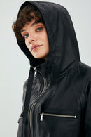 Stella Women's Black Oversize Hooded Short Leather Jacket | Derimod