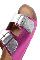 Women's Silver Metallic Leather Double Buckle Comfort Slippers | Derimod