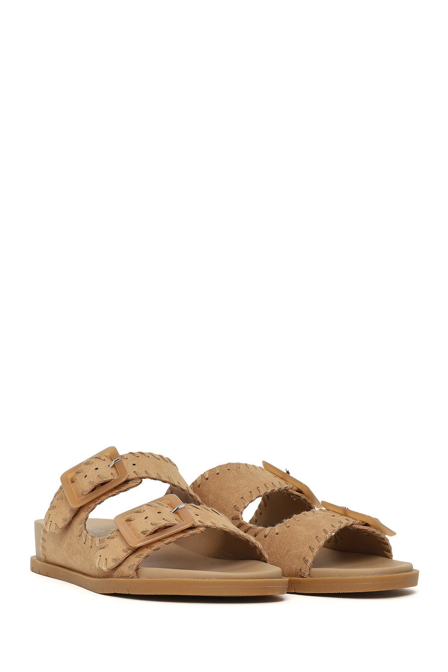Woman Beige Double-Buckle Suede Slipper