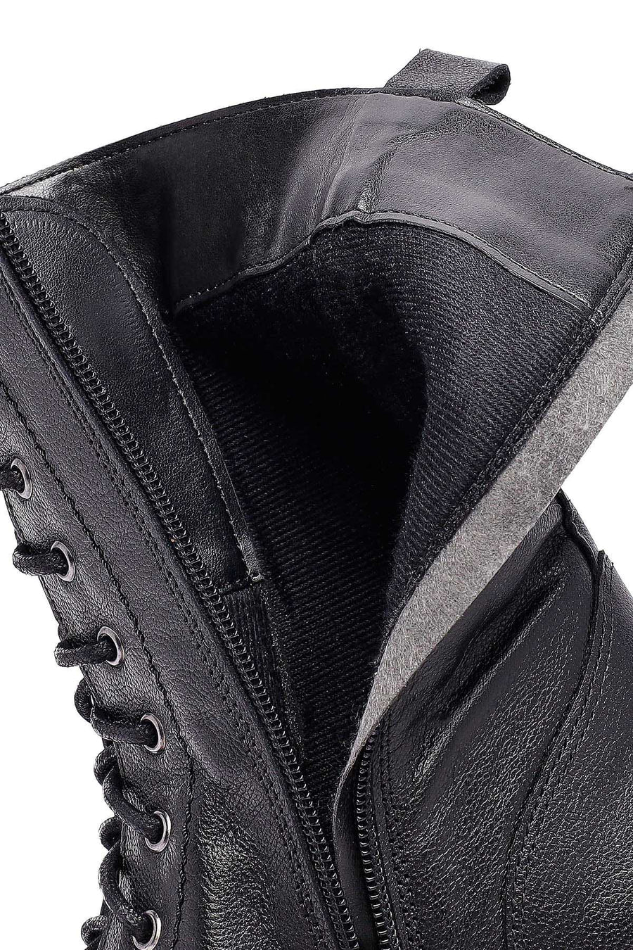 Woman Black Zip Closure Leather Combat Boots