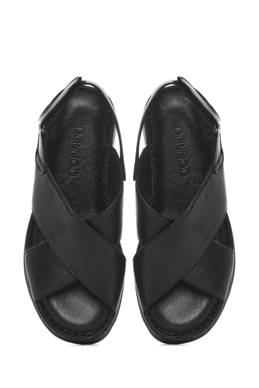 Women's Black Thick Soled Leather Comfort Sandals