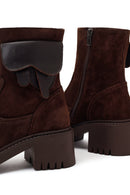 Woman Brown Zip Closure Chunky-Heeled Suede Leather Boots | Derimod