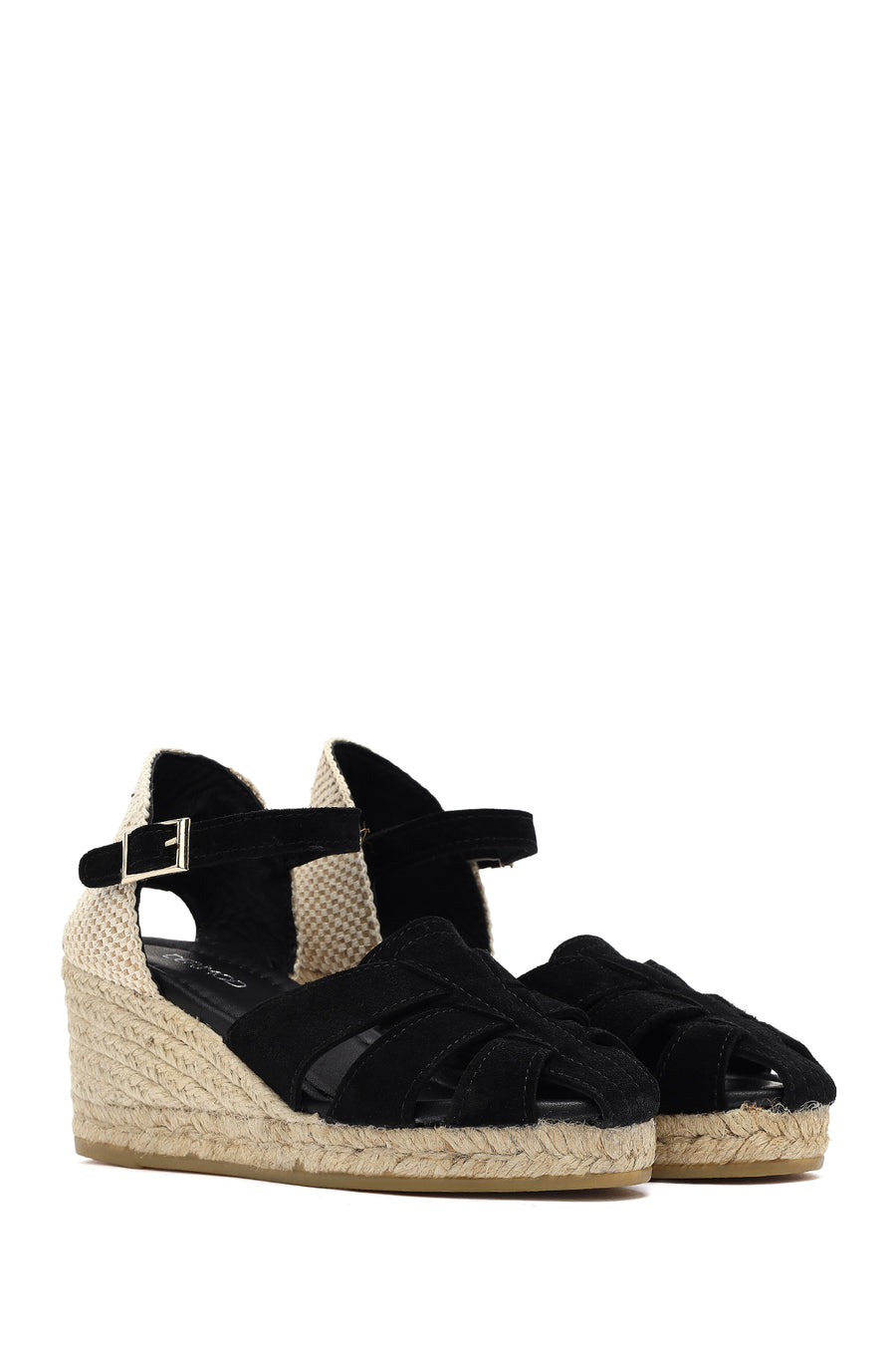 Women's Black Ankle Strap Wedge Heel Suede Leather Espadrille Sandals
