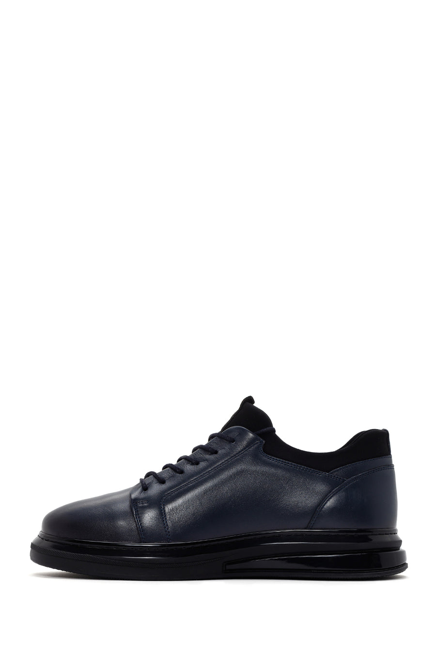Erkek Lacivert Bağcıklı Kalın Tabanlı Deri Sneaker