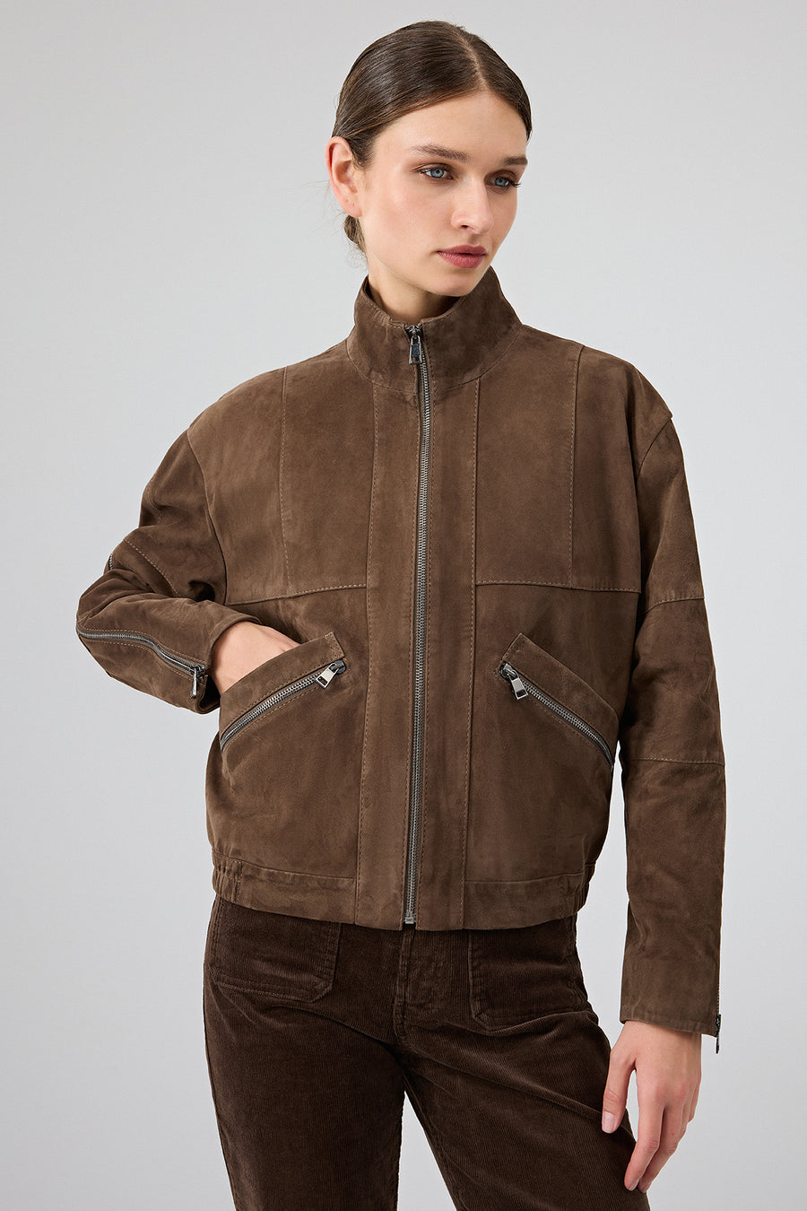 Gina Women's Brown Stand Collar Oversize Short Suede Leather Jacket
