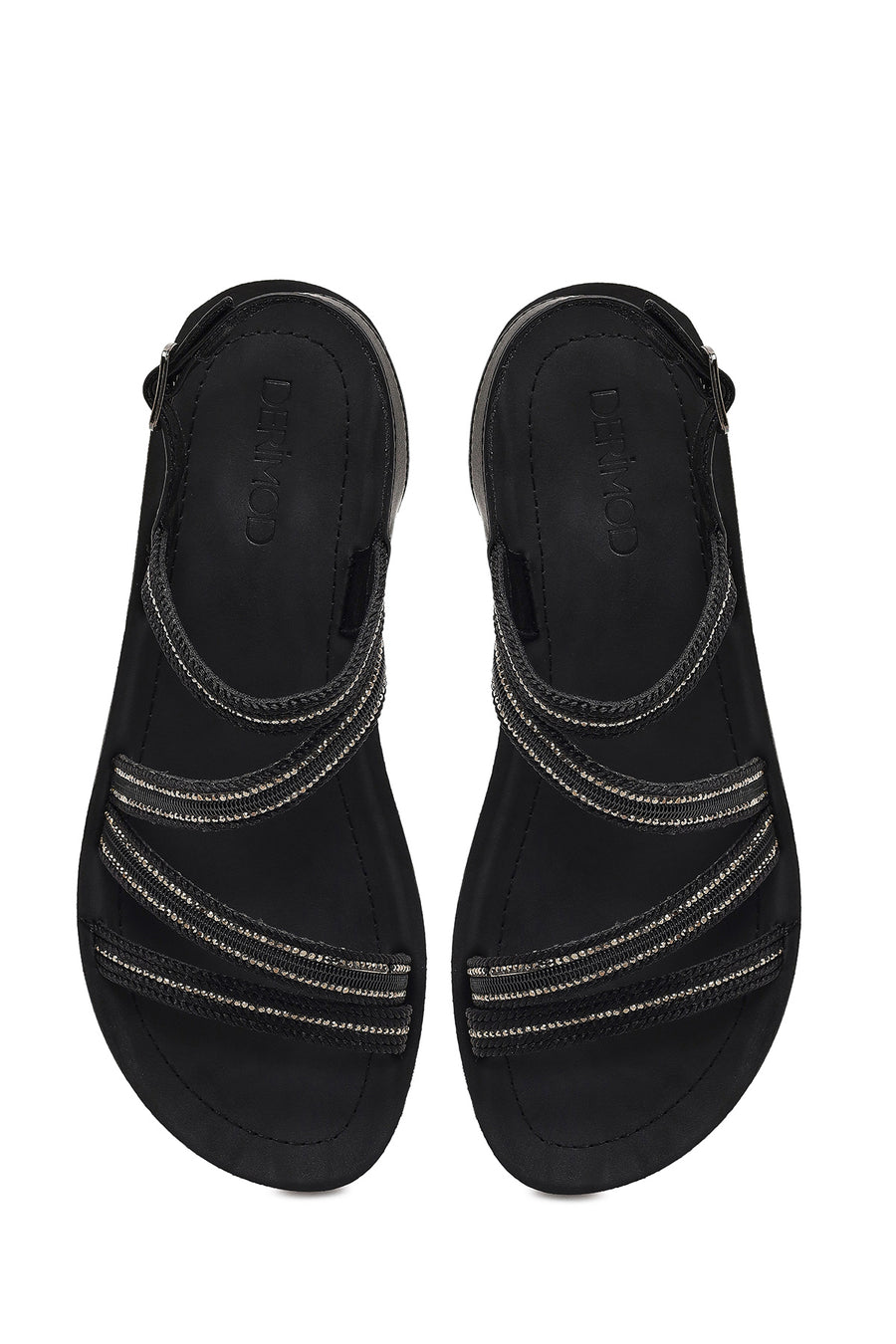 Women's Black Thick Soled Stoned Sandals