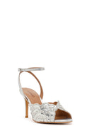 Women's Silver Ankle Buckle Stone Embellished Thin-Heeled Leather Sandals | Derimod