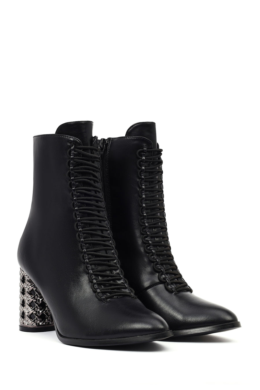 Women's Black Lace-Up Zippered Thick Heeled Boots