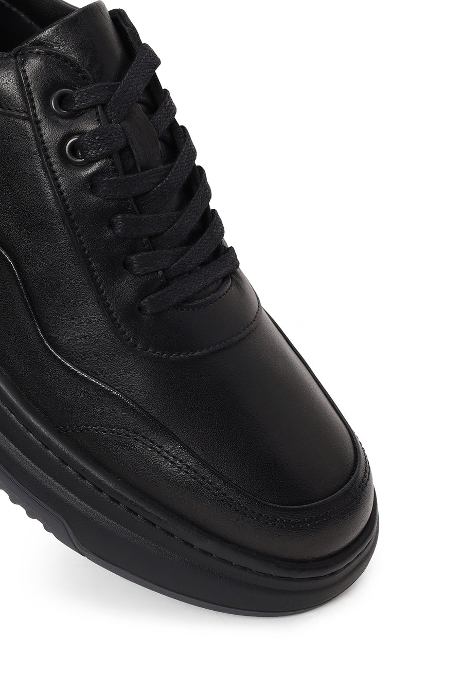 Erkek Siyah Bağcıklı Kalın Tabanlı Deri Sneaker