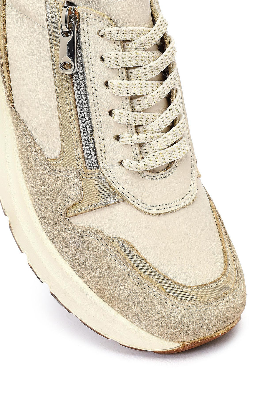 Kadın Bej Bağcıklı Fermuar Detaylı Dolgu Topuklu Deri Sneaker