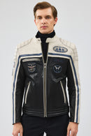 Takeoff Men's Black Leather Jacket with Emblem | Derimod