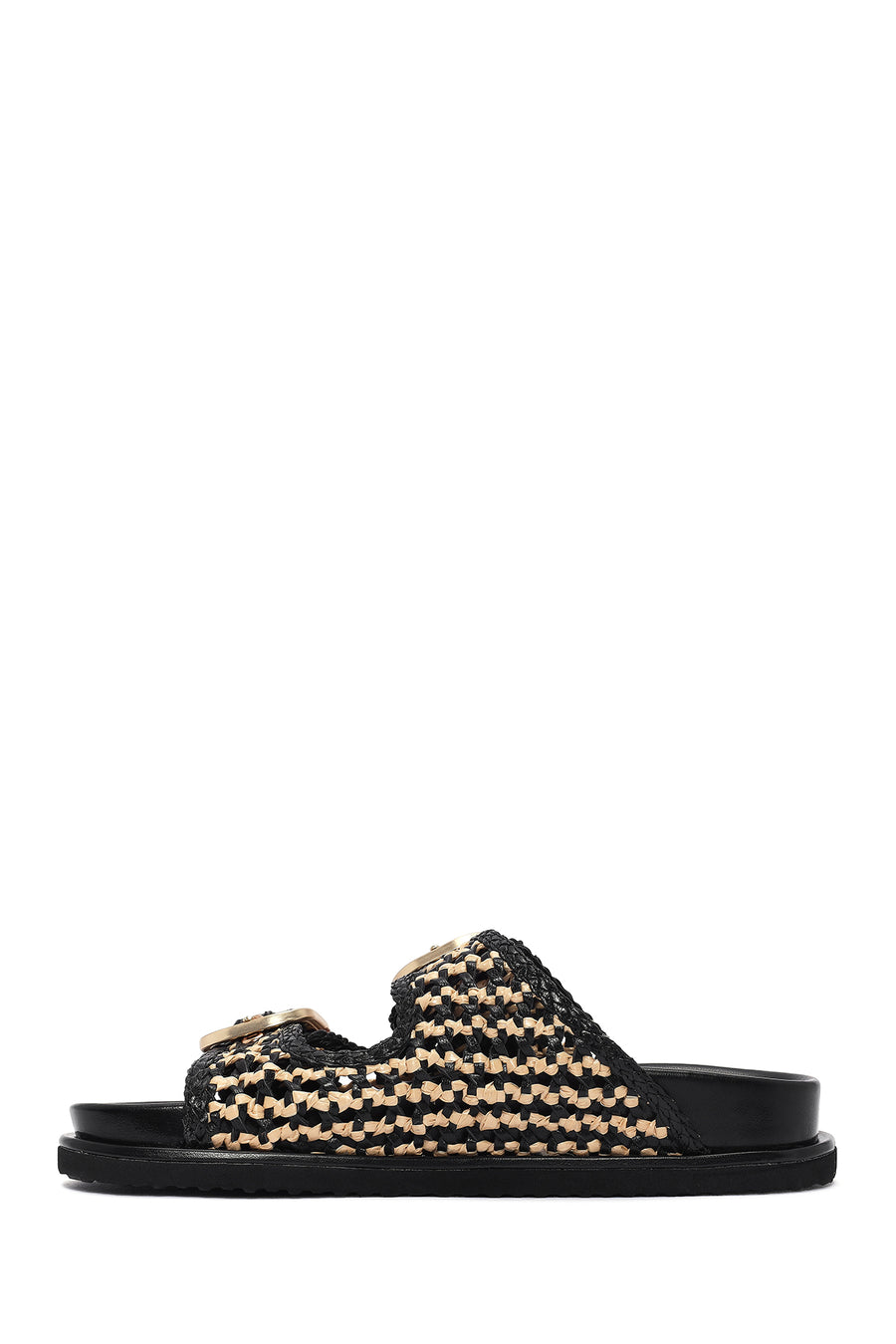Women's Black Double Buckle Straw Leather Slippers