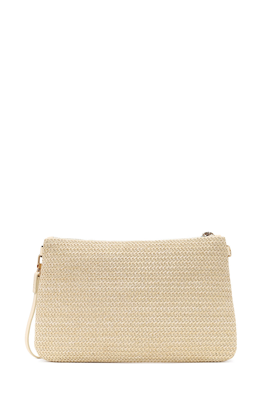 Woman Light Beige Wicker Clutch Bag with Long Chain Strap