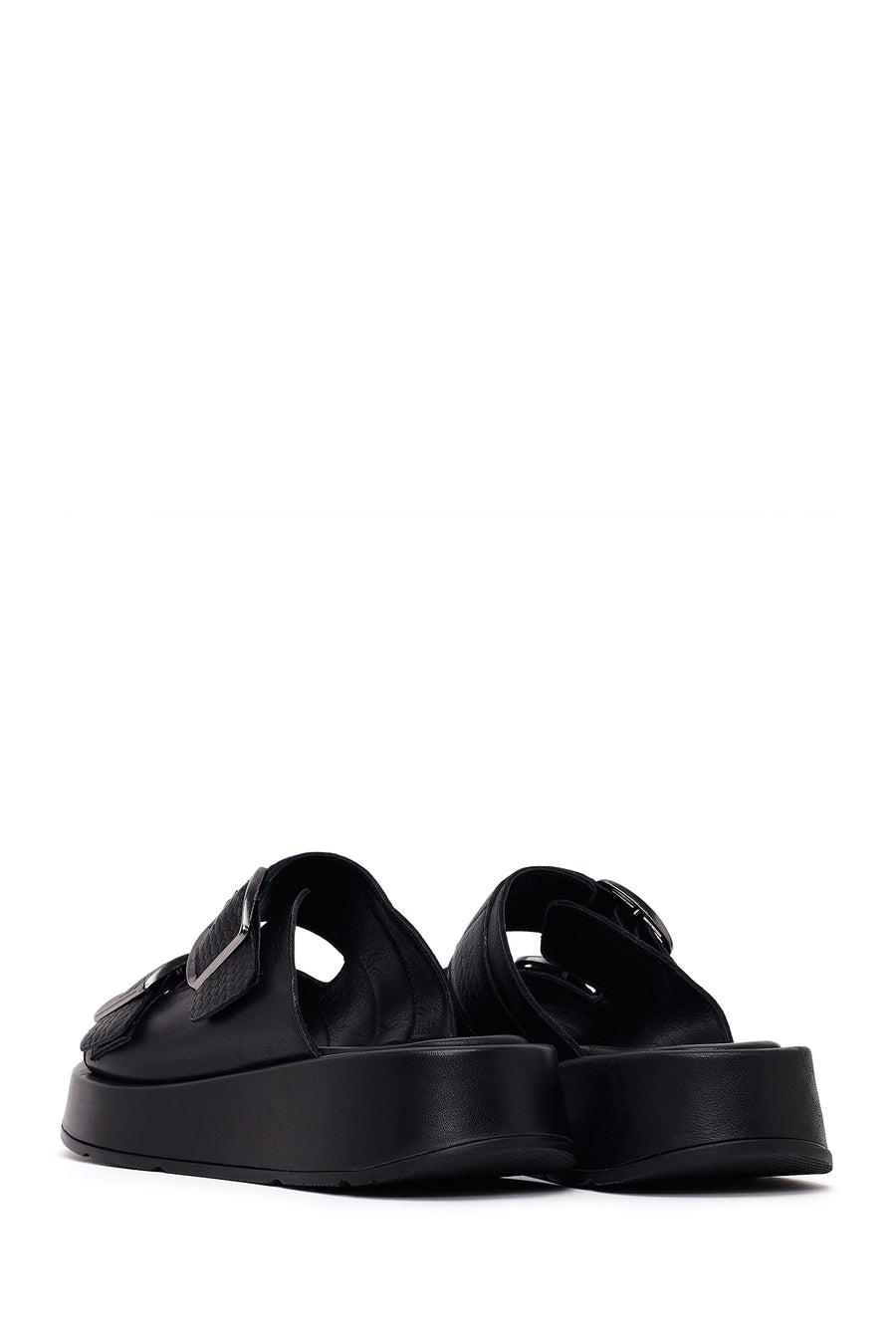 Woman Black Double-Buckle Thick-Soled Leather Comfort Slippers