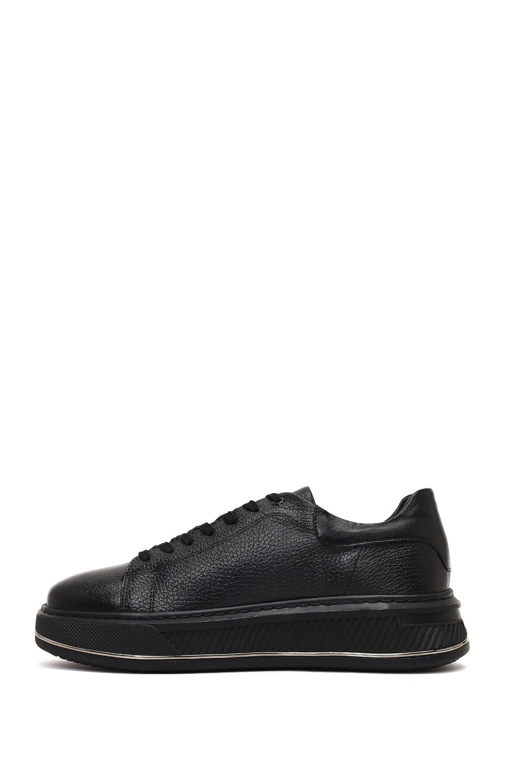 Erkek Siyah Bağcıklı Kalın Tabanlı Deri Sneaker