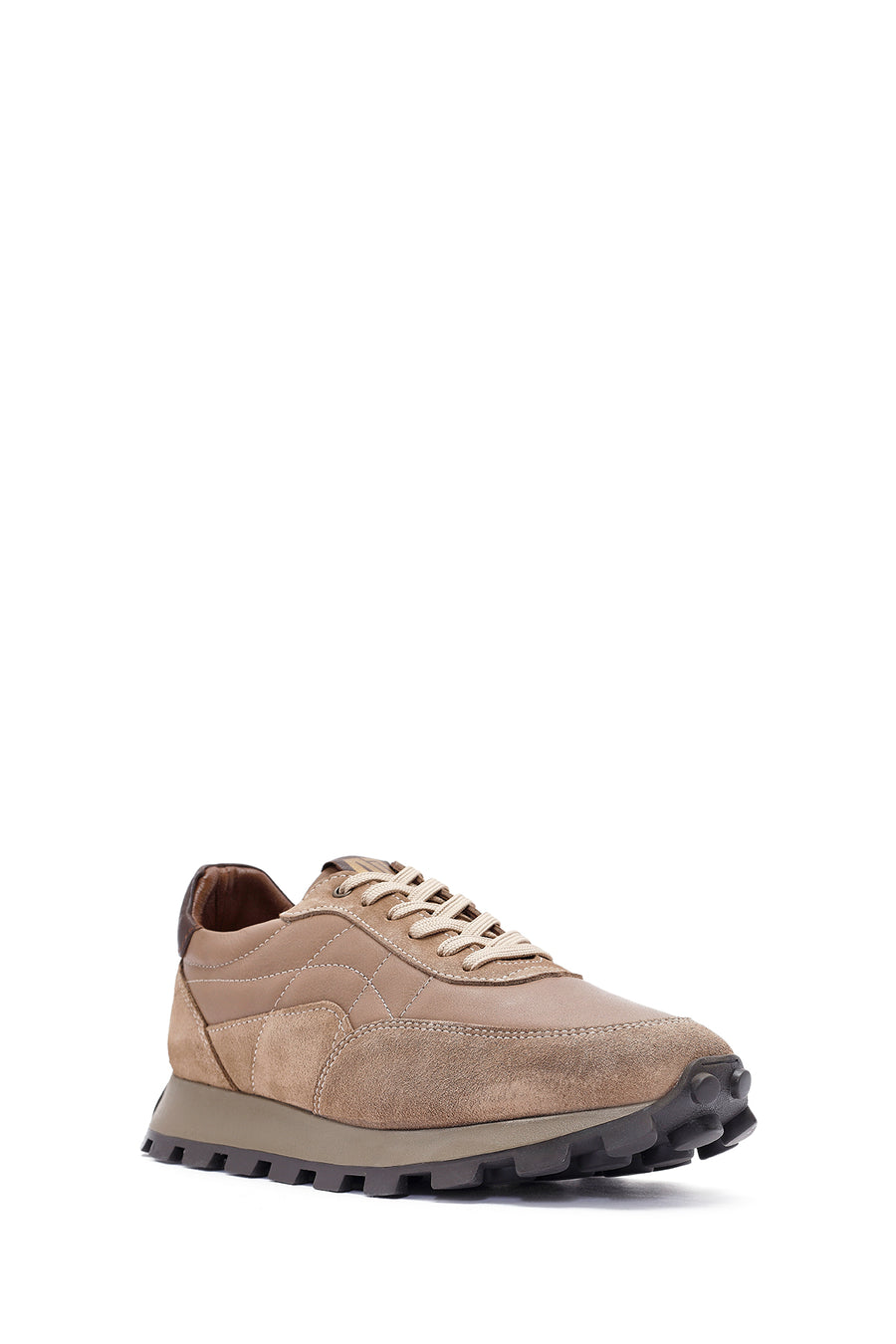 Erkek Vizon Bağcıklı Deri Sneaker