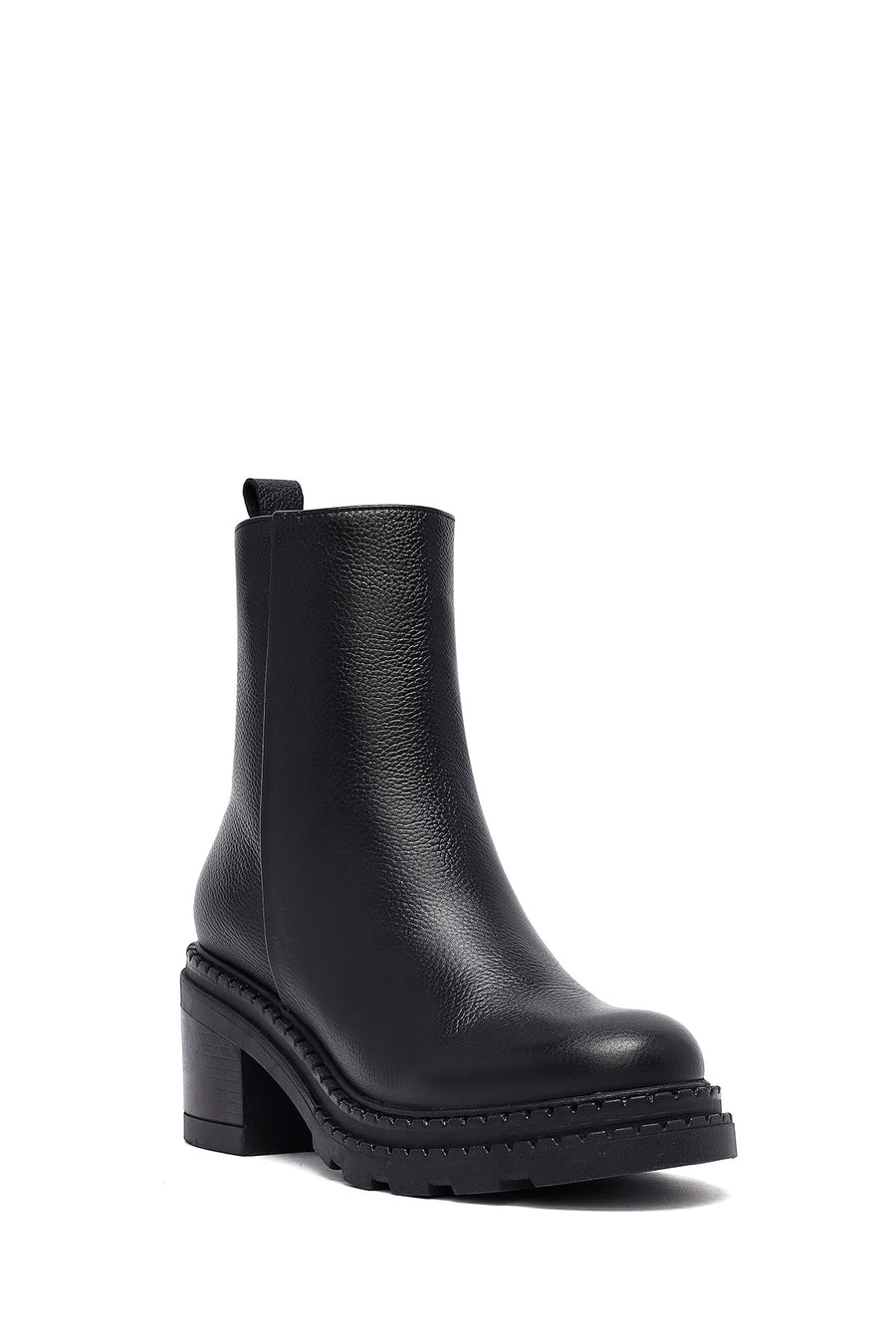 Woman Black Zip Closure Thick-Heeled Leather Boots
