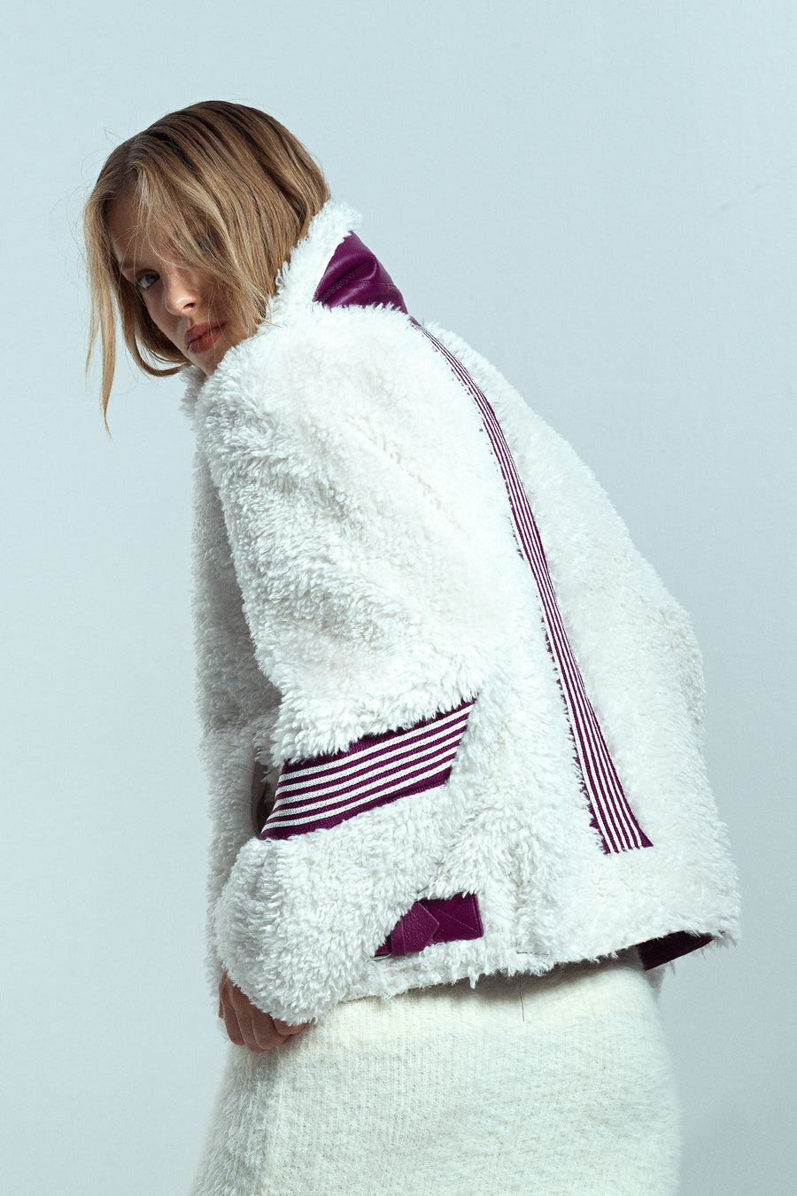 Meribel Women's Multicolored Purple Stripe Detail Teddy Coat