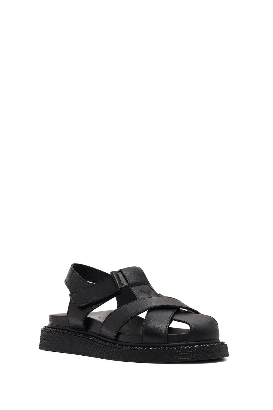Women's Black Strappy Thick-Sole Leather Sandals