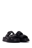 Woman Black Double-Buckle Thick-Soled Leather Comfort Slippers | Derimod