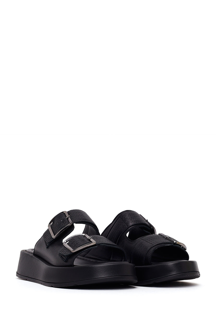 Woman Black Double-Buckle Thick-Soled Leather Comfort Slippers