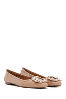 Women's Beige Leather Stone Ballerinas | Derimod