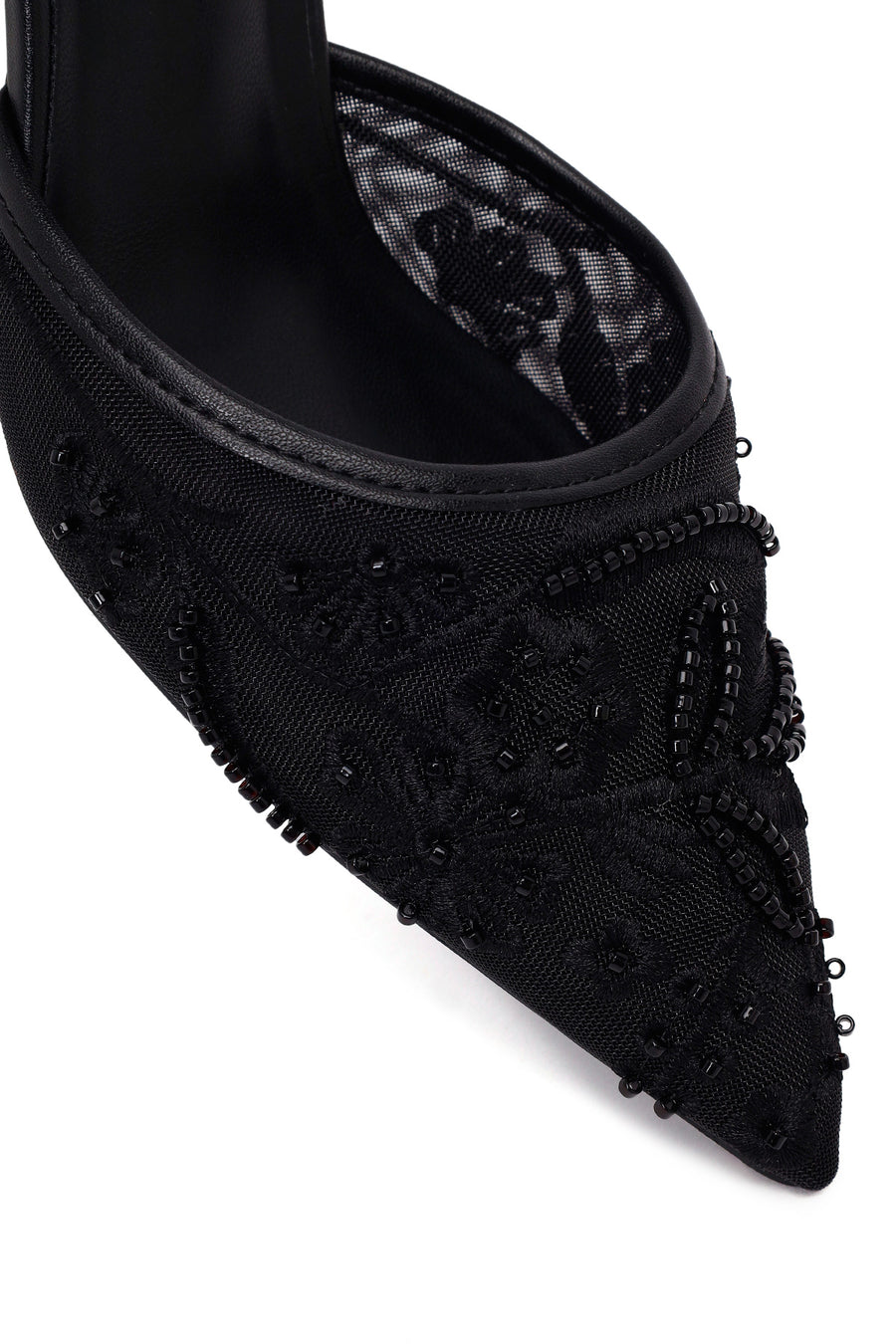 Woman Black Ankle-Buckle Floral Embroidered Open-Back Thin High Heel