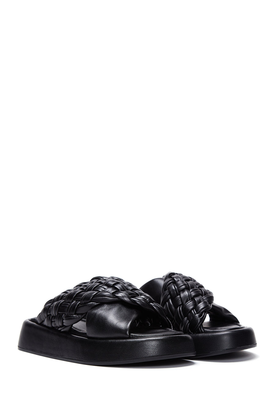 Women's Black Leather Braided Thick Soled Slippers