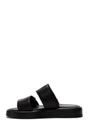 Women's Black Double-Striped Leather Comfort Slippers | Derimod