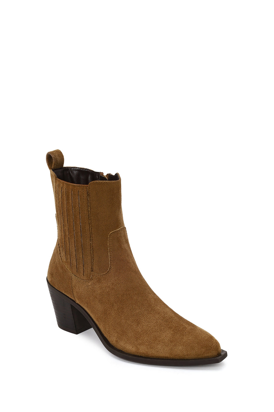 Woman Tan Zip Closure Chunky Heeled Suede Boots