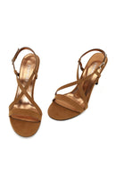 Woman Tan Ankle-Buckle High Thin-Heel Suede Sandal | Derimod