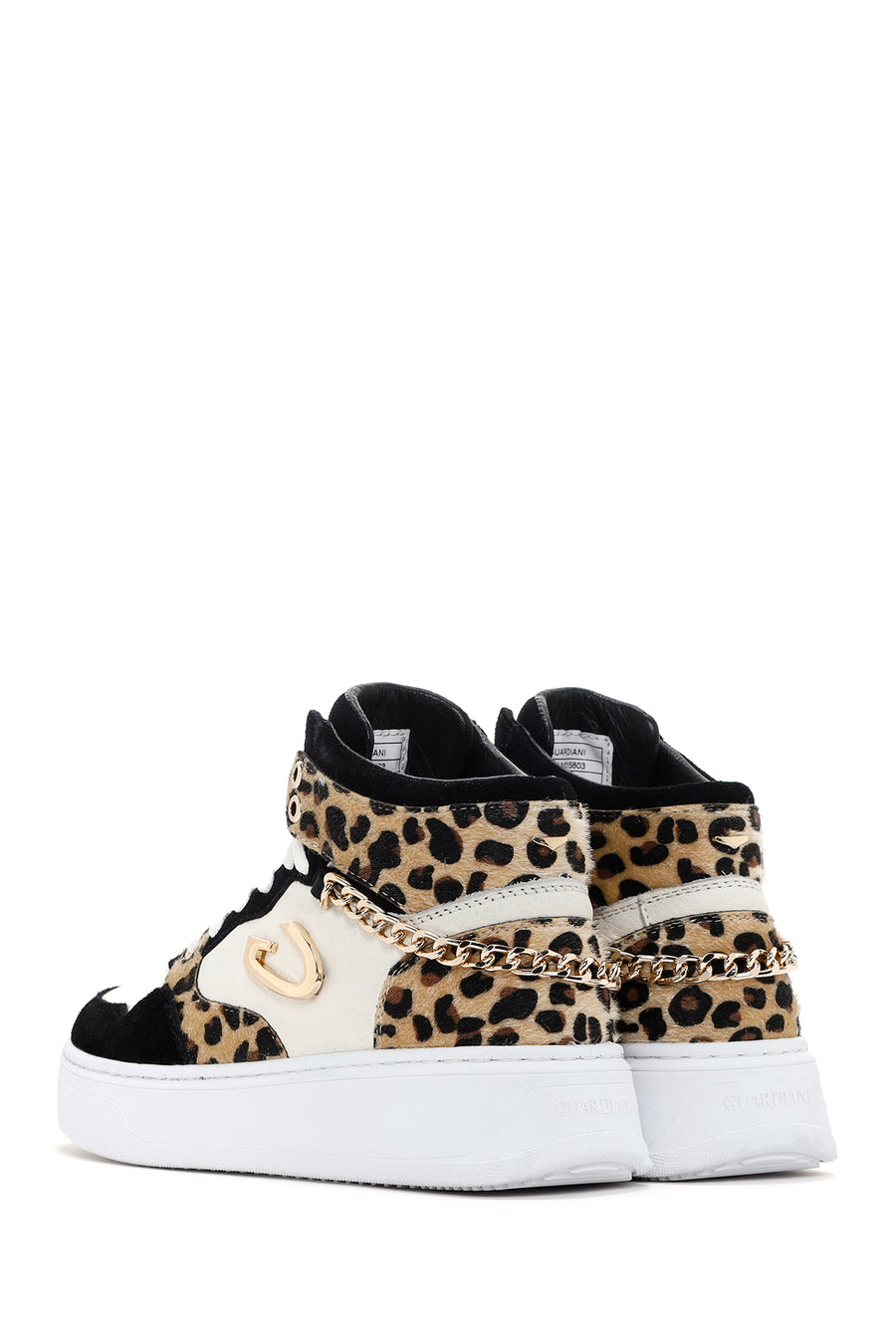 Alberto Guardiani Women's Black White Leopard Leather Thick Sole High Top Sneaker