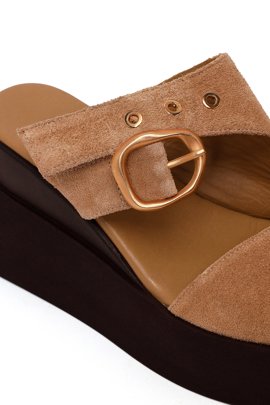 Woman Beige Buckled Wedge Heel Suede Slipper
