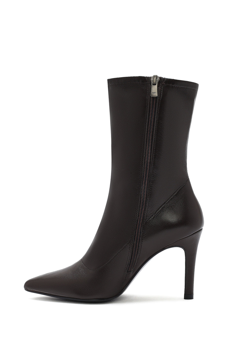 Women's Brown Zippered Thin Heel Leather Boots