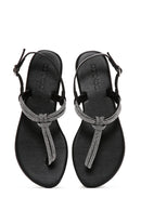 Women's Black Ankle Strap Flip Flop Sandals with Stones | Derimod