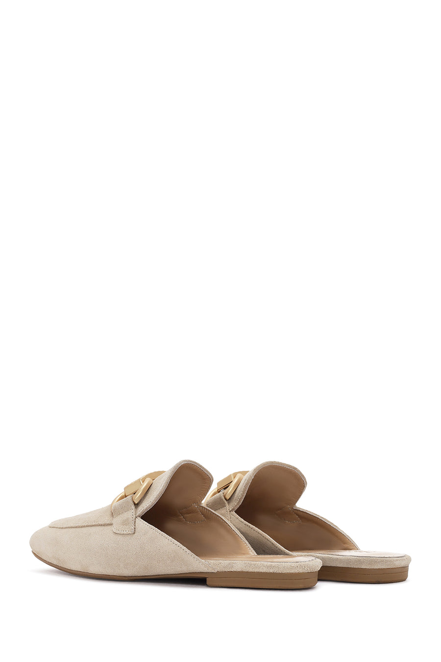 Women's Beige Buckle Suede Leather Slippers