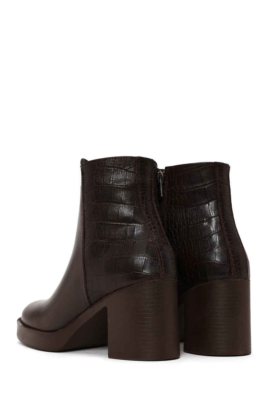 Woman Brown Zip Closure Croc Patterned Platform Chunky Heeled Leather Boots