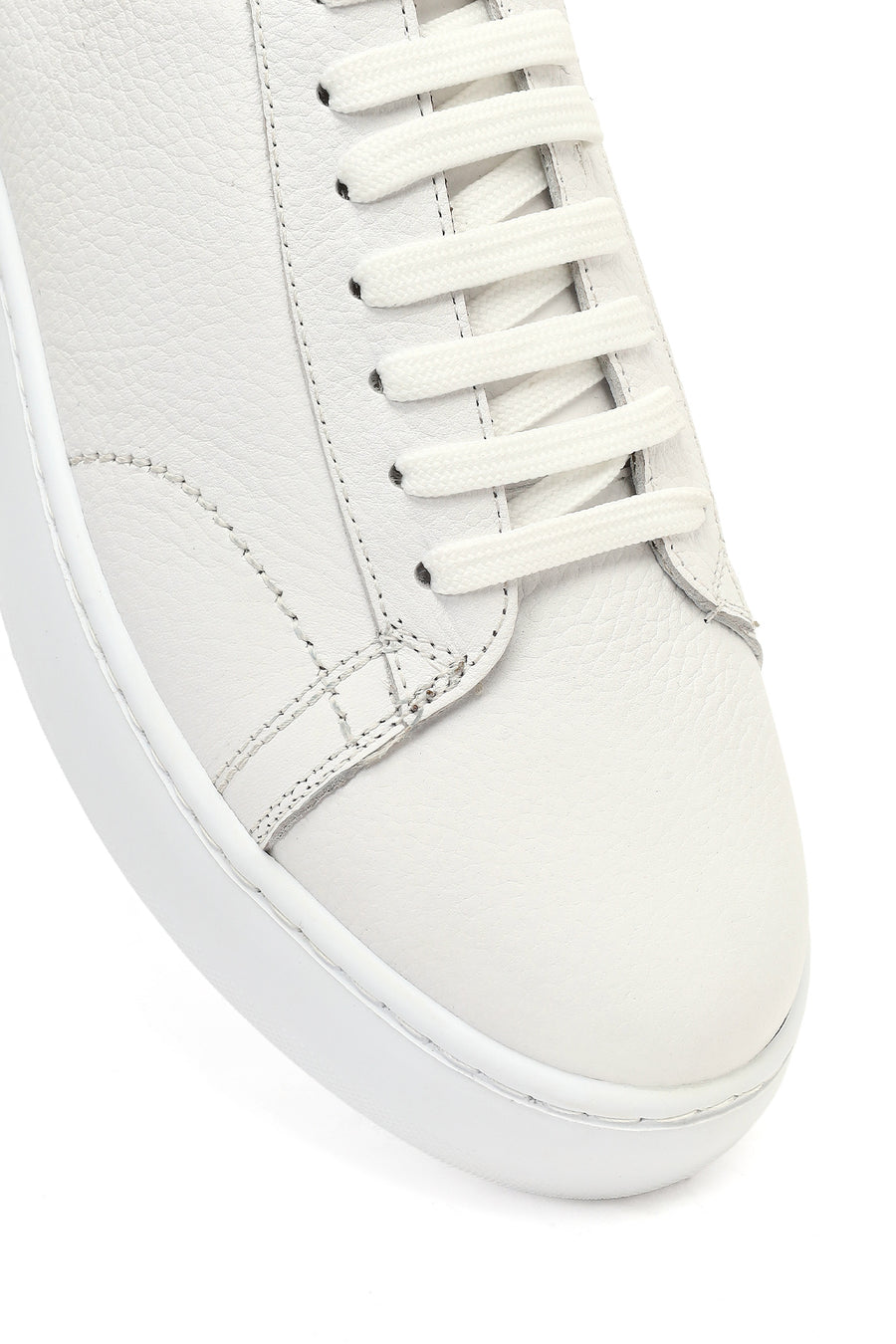 Men's White Lace-Up Thick-Soled Leather Sneaker
