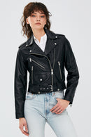 Newage Women's Black Slim-Fit Biker Leather Jacket | Derimod