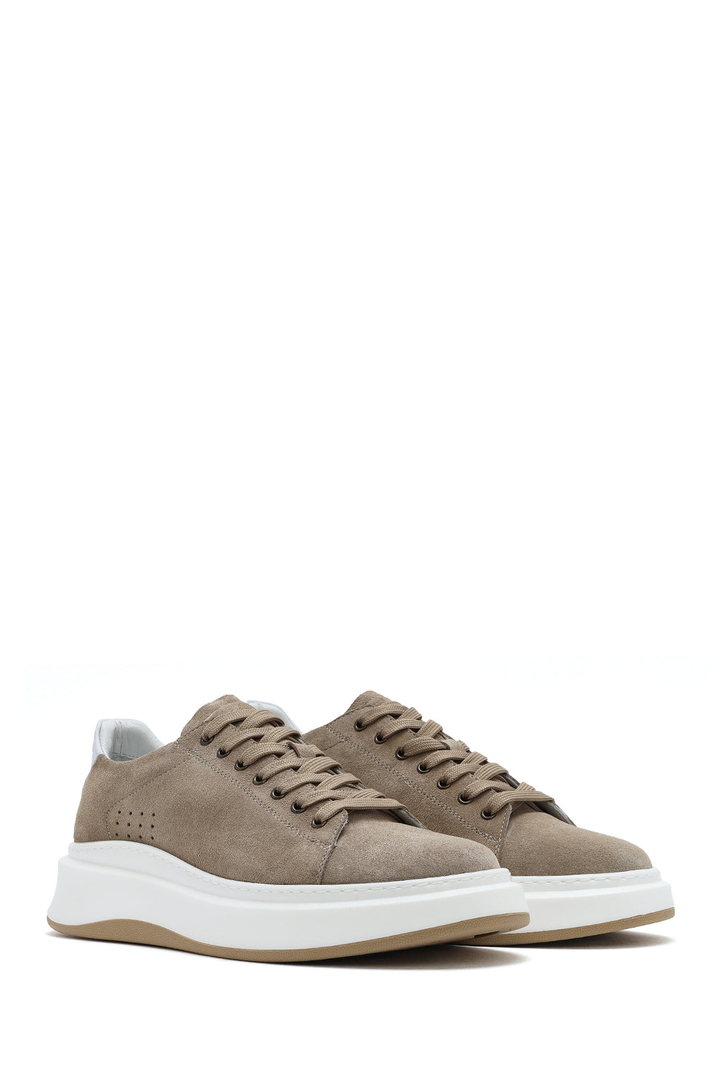 Erkek Bej Bağcıklı Kalın Tabanlı Nubuk Deri Sneaker