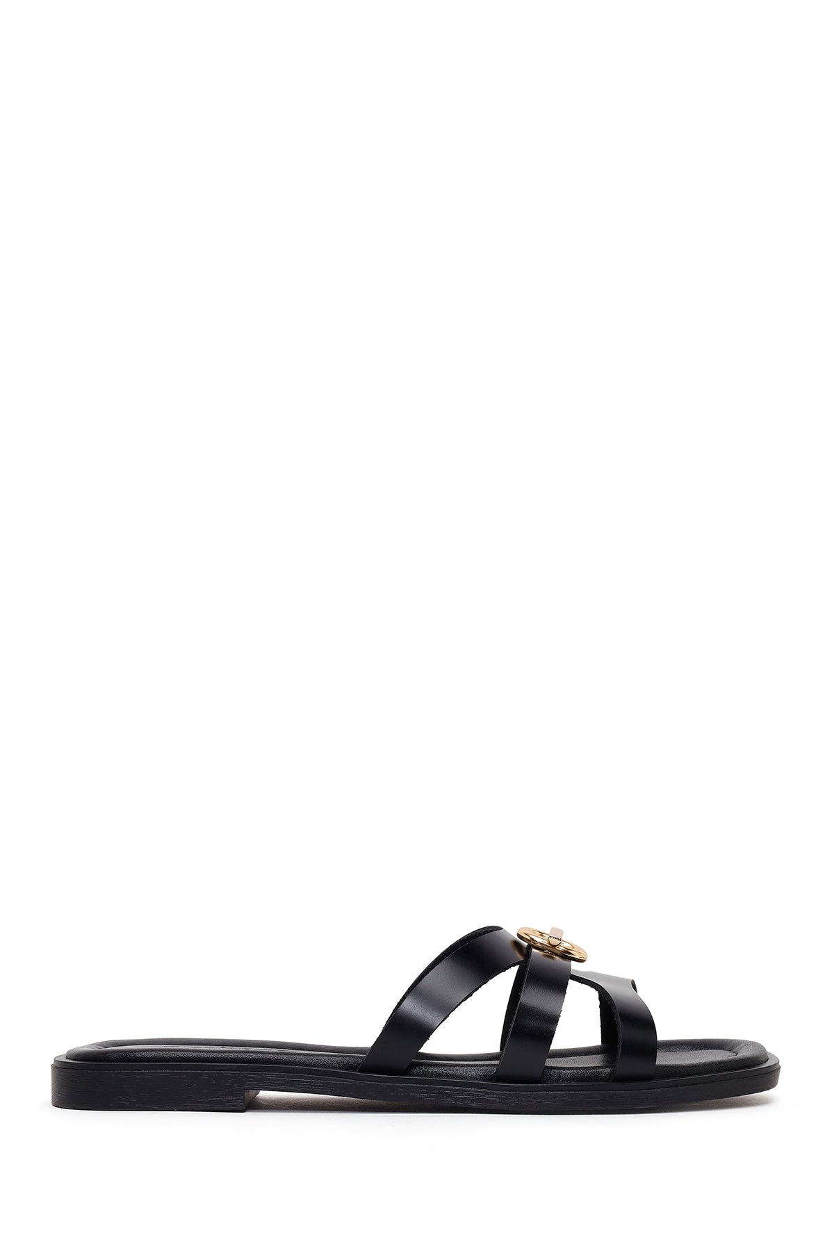Woman Black Buckled Leather Slippers 26SFD361418 | Derimod