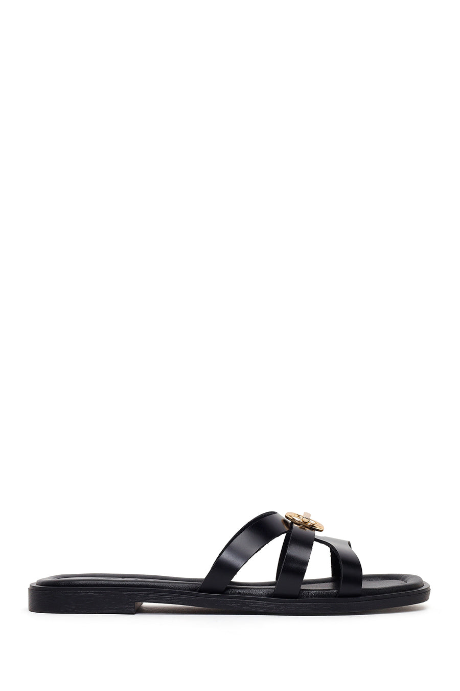 Woman Black Buckled Leather Slippers 26SFD361418 | Derimod