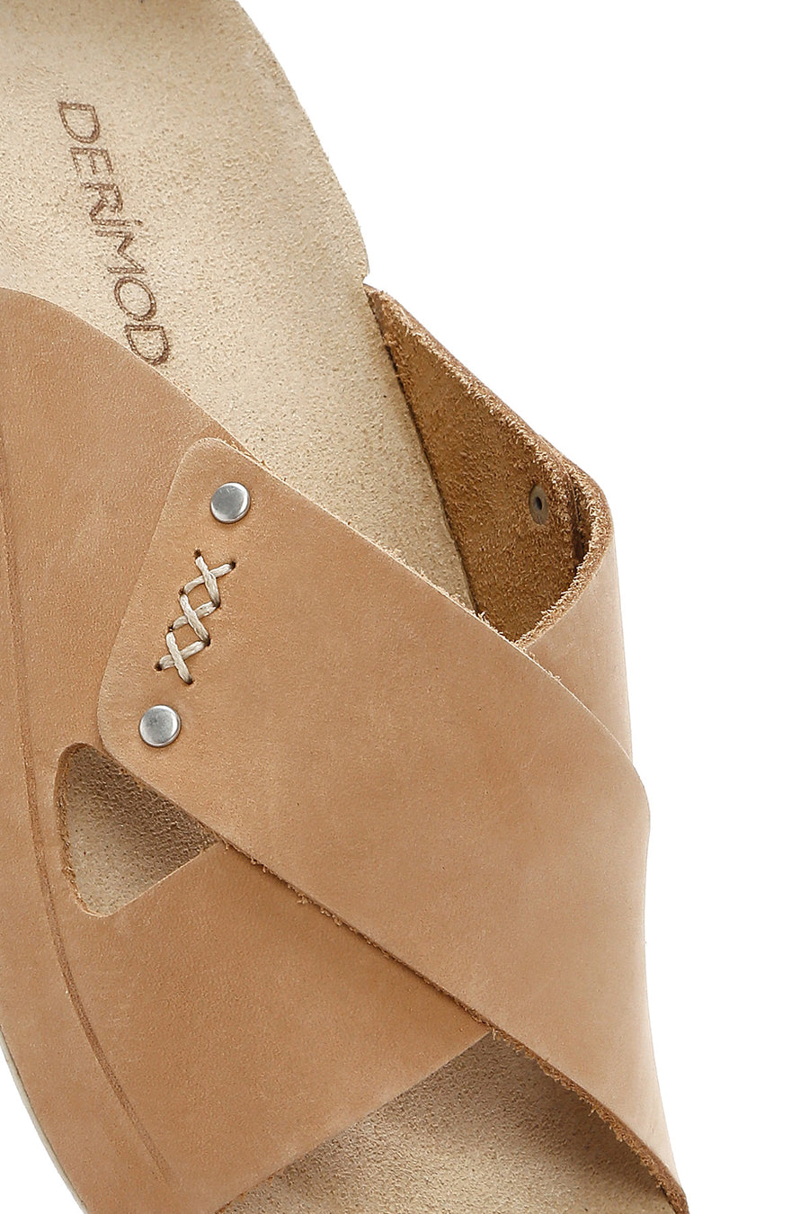 Women's Beige Strapped Nubuck Leather Comfort Slippers