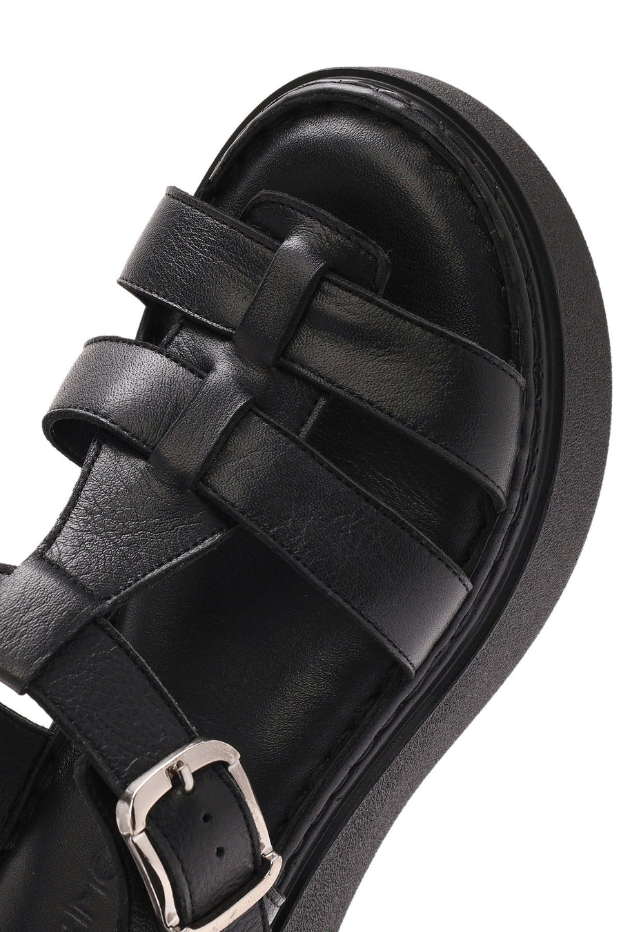 Women's Black Buckled Thick Soled Leather Comfort Sandals