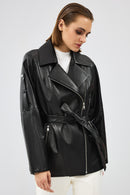 Adriana Women's Black Double Collar Leather Jacket | Derimod