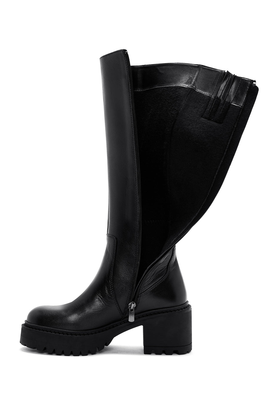 Woman Black Zip Closure Chunky Heeled Leather Boots