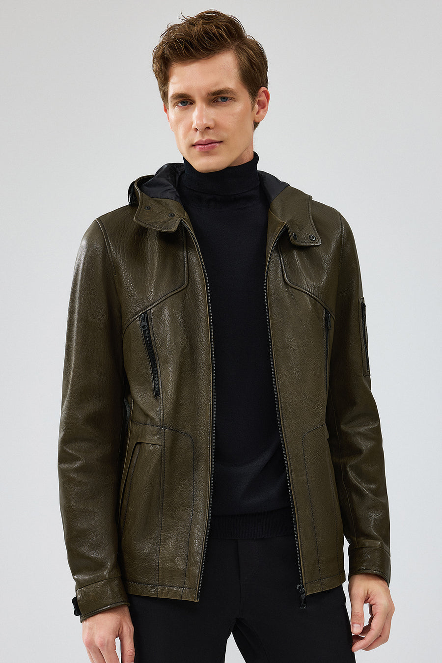 John Men's Green Hooded Leather Jacket 24WGD6531JB | Derimod