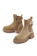 Women's Tan Suede Leather Buckle Zippered Boots | Derimod